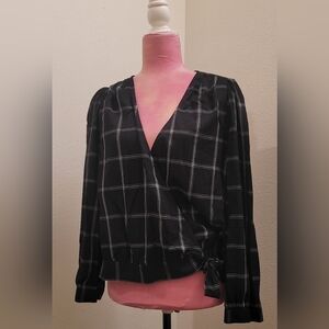 Madewell Black Checkered Wrap Blouse